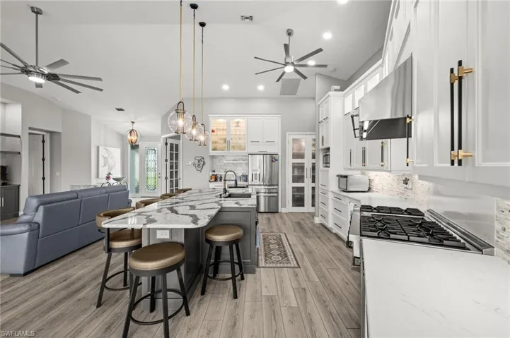 The large island has plenty of seating and counterspace
