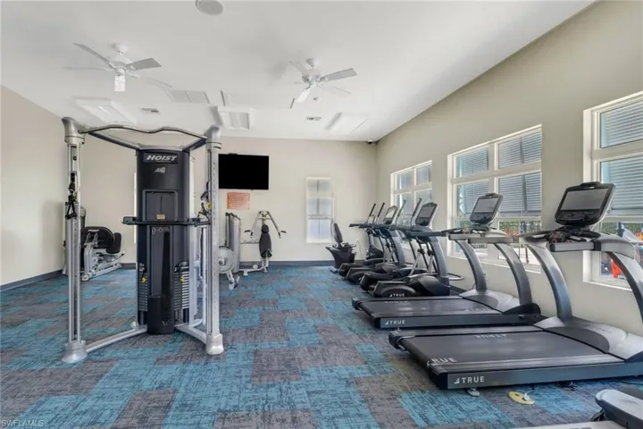Workout area with a ceiling fan