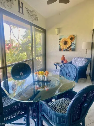 Dining room featuring ceiling fan