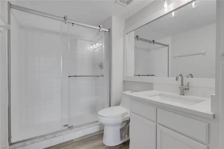 Primary bathroom with vanity, light wood-style flooring, and a stall shower