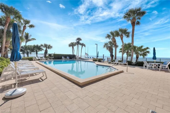 View of pool with a patio and a water view