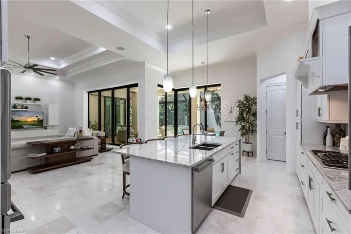 Kitchen featuring stainless steel appliances, a ceiling fan, a tray ceiling, and a sink