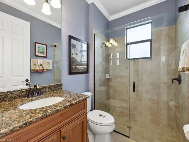 Full bathroom featuring crown molding, toilet, a shower stall, and vanity