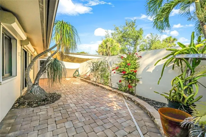 This privately walled patio has west, northern and eastern exposure, so it is perfect for a winter and summer garden, offering pavers with garden beds, unique ponytail palm with plenty of space for a full furniture set with table and chairs, loungers and PLENTY of room to add an outdoor kitchen!