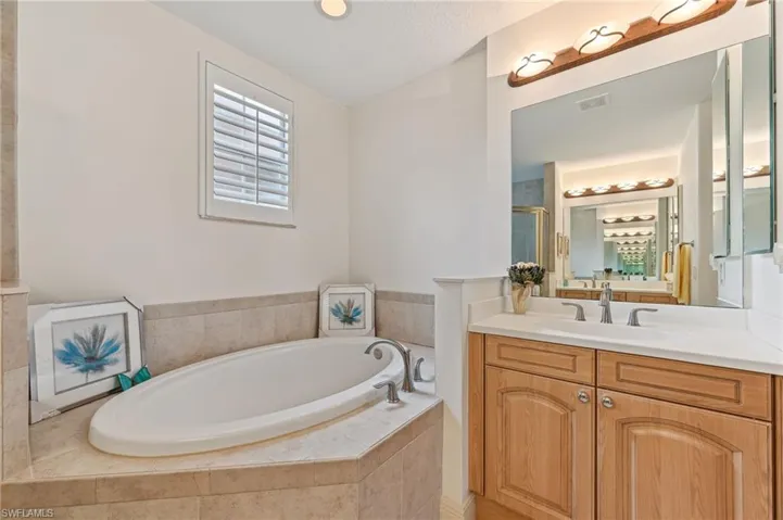 Primary bathroom with vanity and plus walk in shower