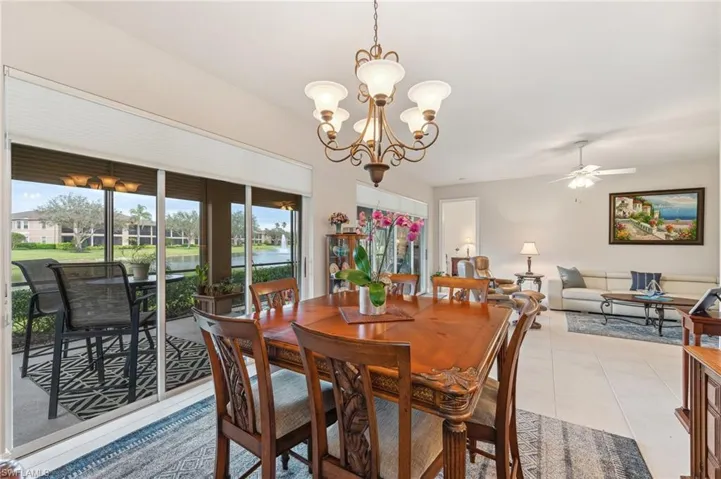Dining area with custom Hunter Douglas shades and expansive water views
