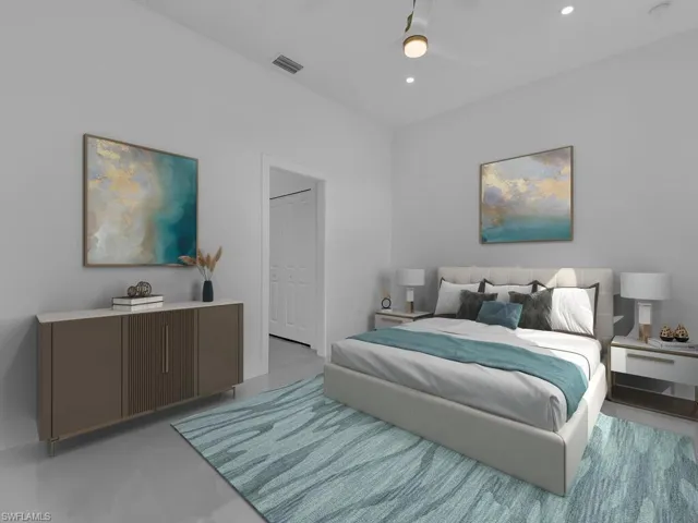 Bedroom with recessed lighting, visible vents, a closet, and a ceiling fan
