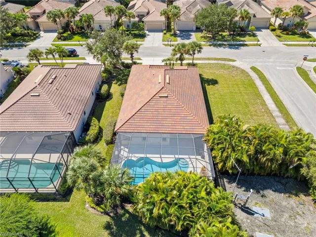 Aerial view of residential area with a pool
