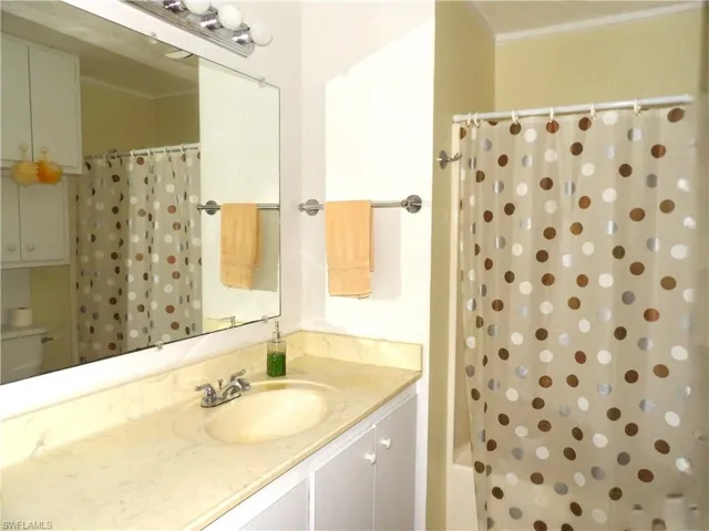 Bathroom with vanity, crown molding, and shower / tub combo with curtain
