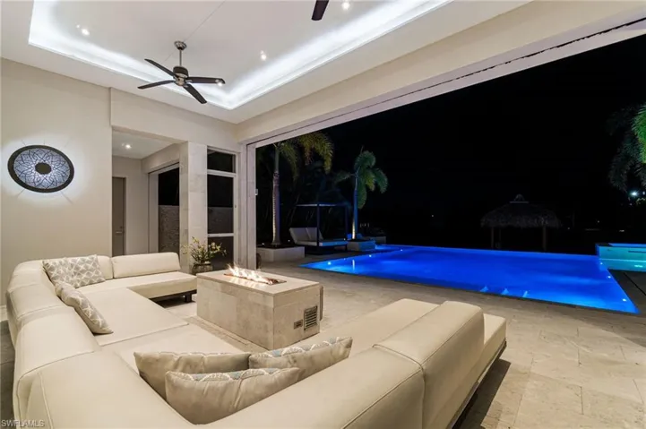 View of swimming pool with ceiling fan