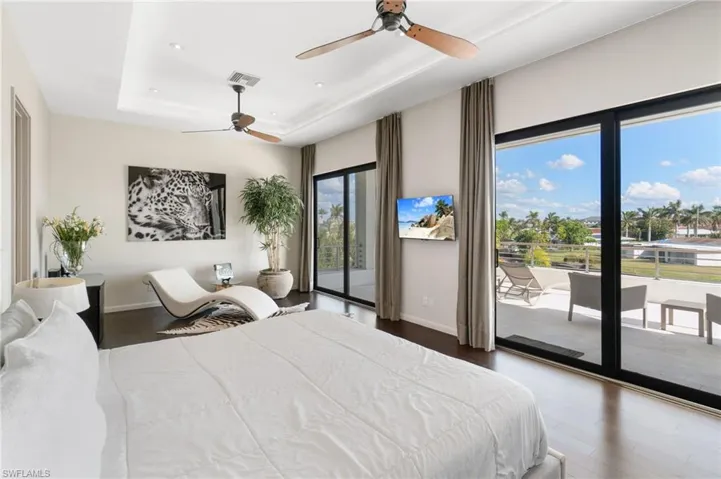 Bedroom featuring hardwood / wood-style floors, access to exterior, multiple windows, and a tray ceiling
