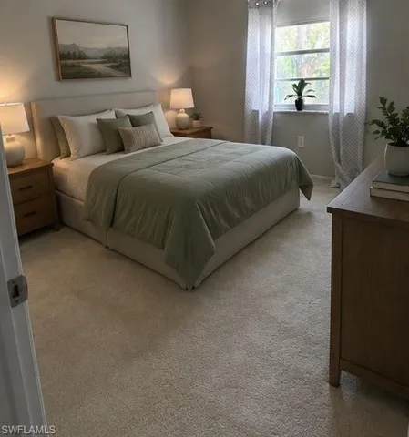 AI generated carpeted master bedroom with a ceiling fan