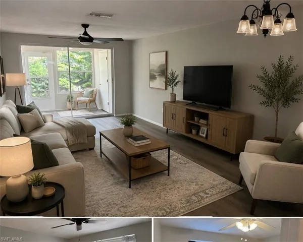 AI generated living room dining room combo featuring wood finished floors and ceiling fan