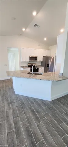Kitchen featuring wood tiled floors, white cabinets, stainless steel appliances, light stone countertops, and recessed lighting