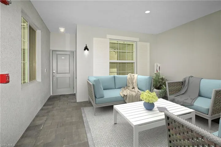 Virtually staged front entrance lanai.