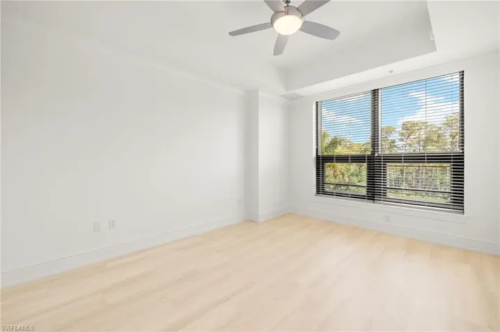 Unfurnished room featuring a raised ceiling, light wood-type flooring, baseboards, ceiling fan, and ornamental molding