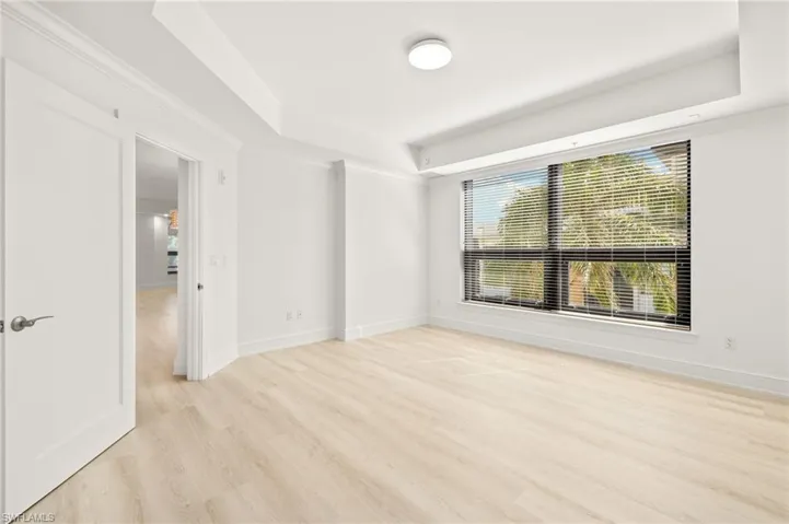 Unfurnished room with a tray ceiling, baseboards, crown molding, and light wood-style floors
