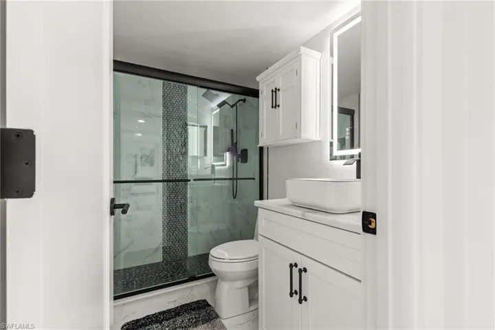 Bathroom with toilet, a shower with door, and vanity