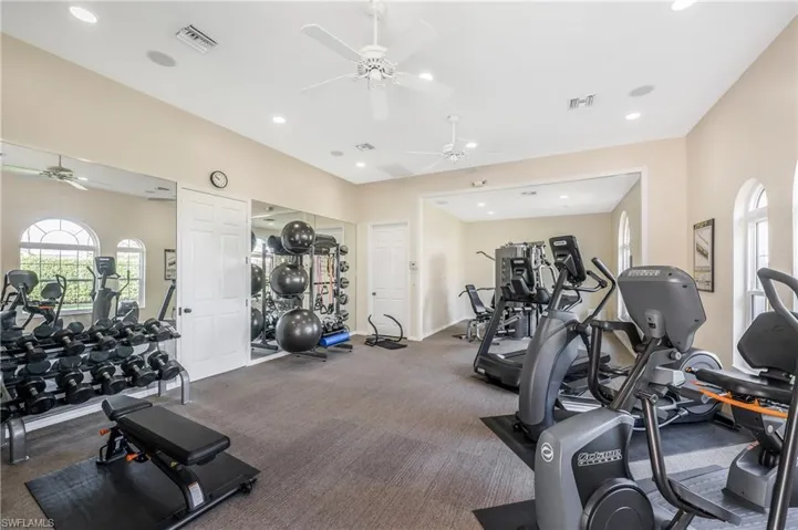 Seville Workout area featuring ceiling fan