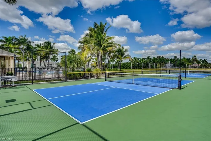 Outdoor pickleball court featuring a dual-colored surface, permanent net systems, and perimeter fencing, surrounded by mature palm trees