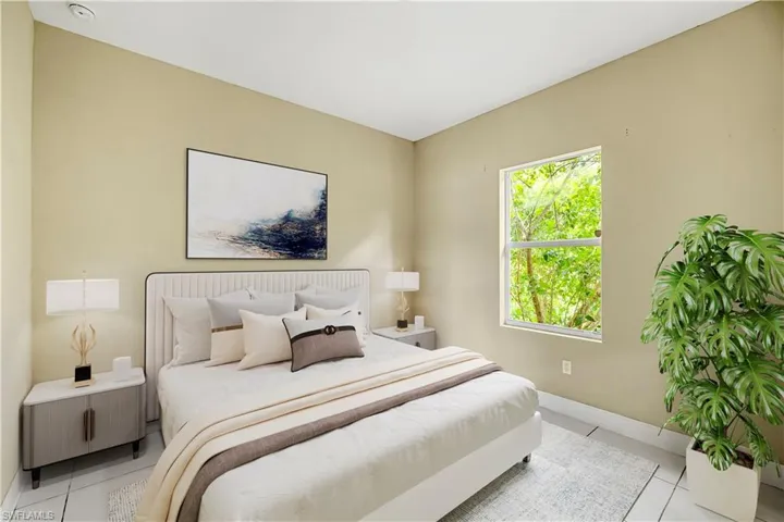 Tiled bedroom with baseboards