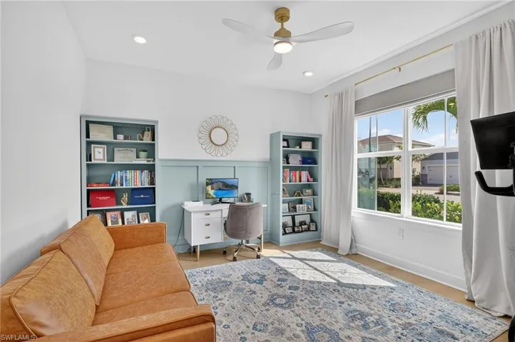 Office featuring a ceiling fan, and recessed lighting