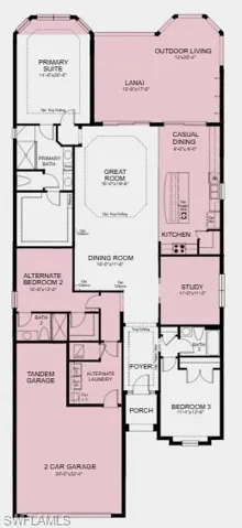 Floor Plan - Additional Highlights Include: pocket doors into the study, 10' ceilings, tray ceiling package, 8' interior doors, impact windows throughout the whole house, pool and spa prewire, quartz kitchen backsplash, upgraded cafe appliances, and Mohawk Revwood flooring in the main living area and primary suite