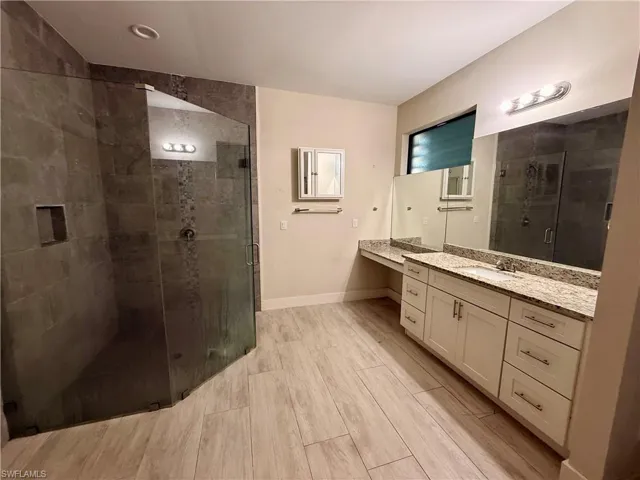 Spacious bathroom featuring a glass-enclosed shower with large format tile, wood-finish flooring, and a vanity with a light-toned countertop