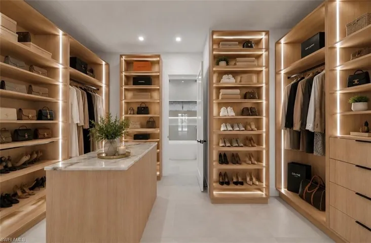 Custom closet system featuring light wood-finish cabinetry, integrated strip lighting, and a central island with a stone countertop