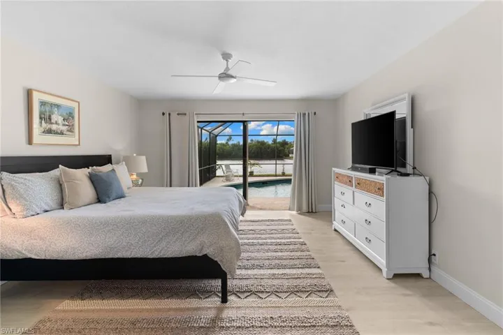 Bedroom featuring access to outside, light wood finished floors, and ceiling fan