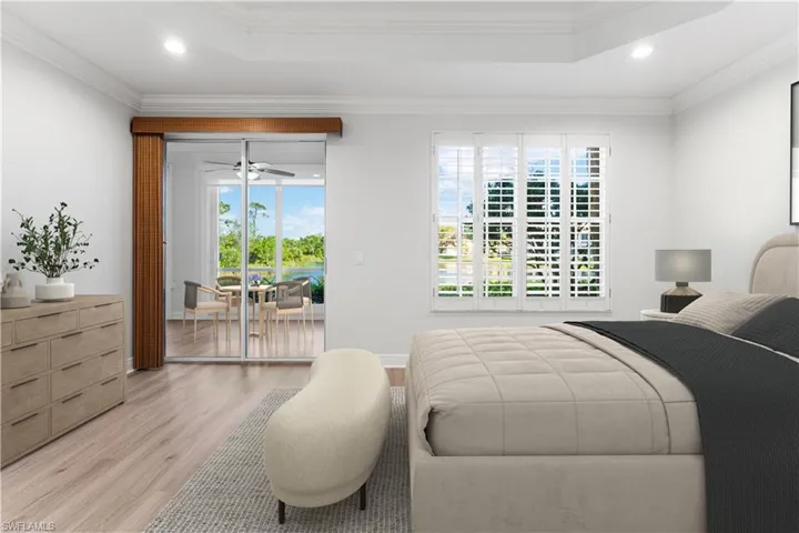 These rooms have been digitally staged. Crown molding, tray ceiling, plantation shutters, access to your enclosed lanai.