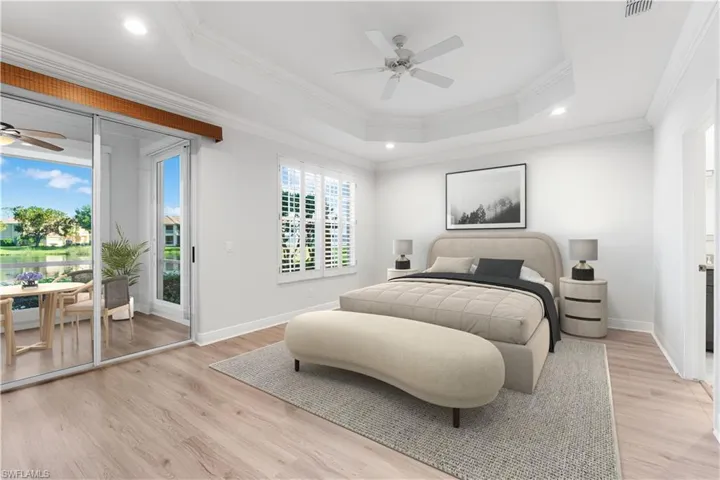 These rooms have been digitailly stages. Wake up to lake views and privacy. Step out onto your enclosed lanai to enjoy your morning beverage! Tray ceiling recessed lighting.