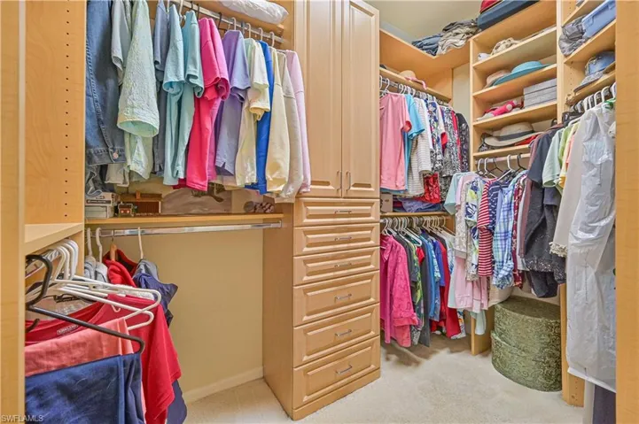 Walk in closet with light colored carpet