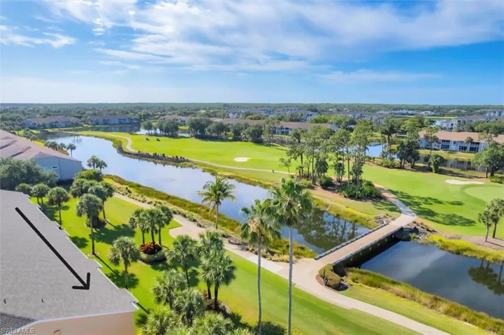 Bird's eye view featuring a water view, view of golf course, and a residential view