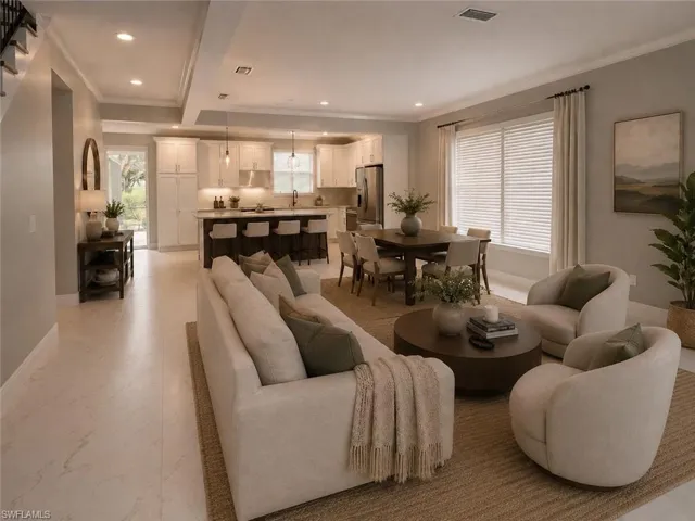 Open-concept living space featuring light-toned flooring, recessed lighting, and crown molding