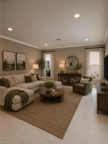 Spacious living area featuring light-toned flooring and recessed ceiling lighting