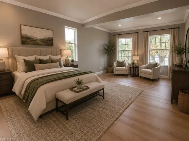 Spacious room featuring wood-finish flooring, crown molding, and recessed lighting