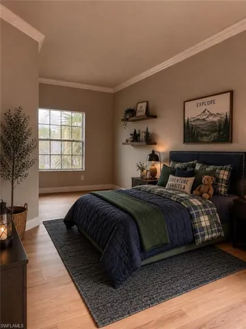 Spacious room featuring wood-finish flooring, white crown molding, and a large window
