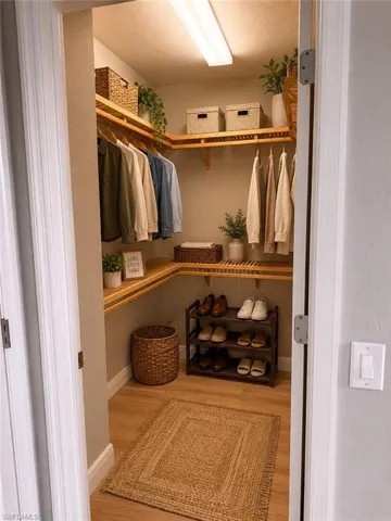 Walk-in closet featuring wood-finish flooring, recessed lighting, and built-in wood shelving with hanging rods
