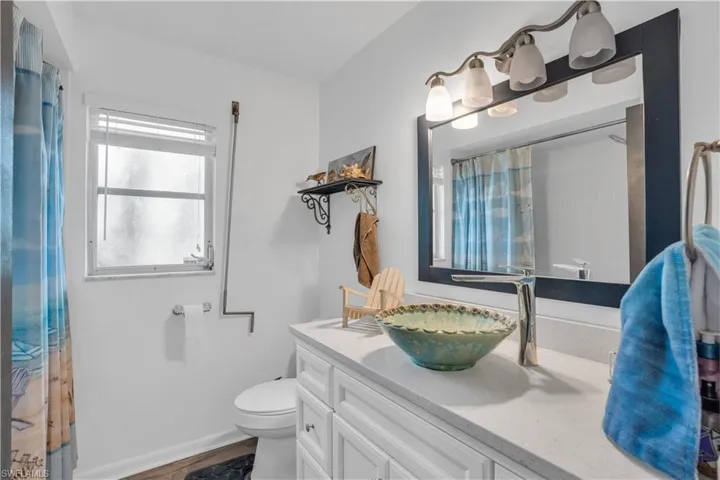 Full bath featuring baseboards, toilet, wood finished floors, curtained shower, and vanity
