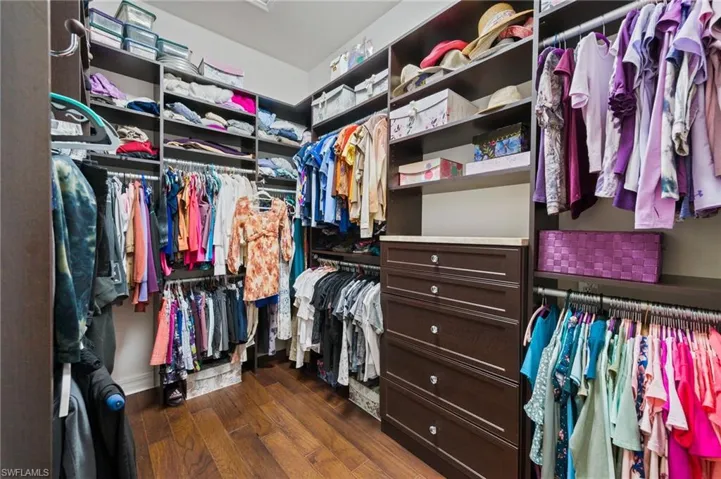 Walk in closet with dark wood-type flooring