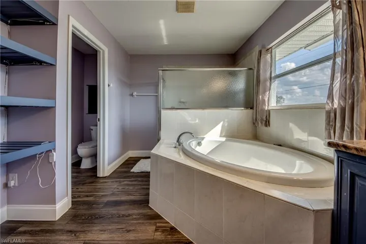 Bathroom with a garden tub, dark wood-style flooring, a shower stall, and vanity