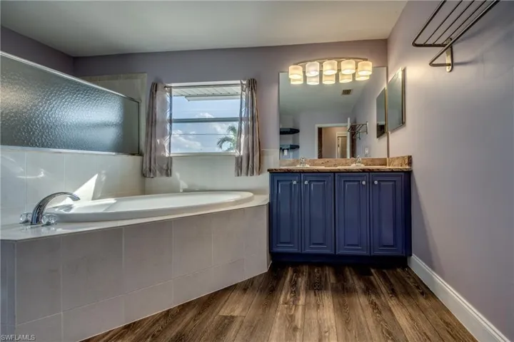 Bathroom featuring vanity, a garden tub, and dark wood-style floors