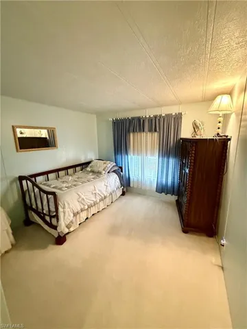 Carpeted bedroom with a textured ceiling