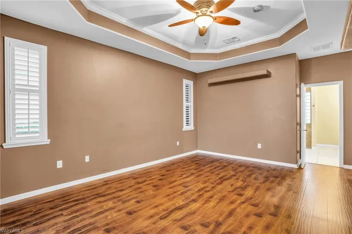 Master bedroom with molding, vinyl wood like flooring, a raised ceiling, and ceiling fan