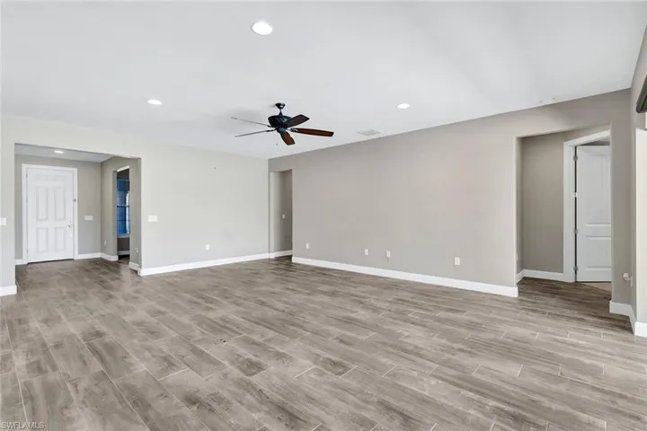 View from great room toward front foyer and den.