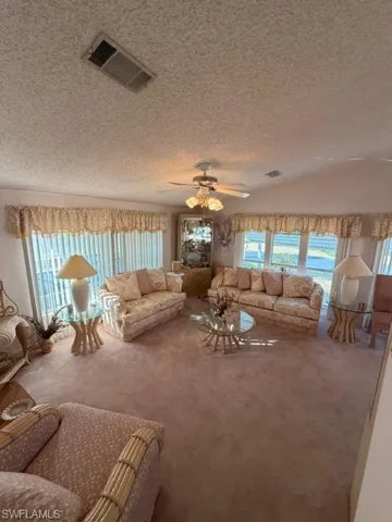 Living room featuring healthy amount of natural light, a textured ceiling, ceiling fan, and carpet floors