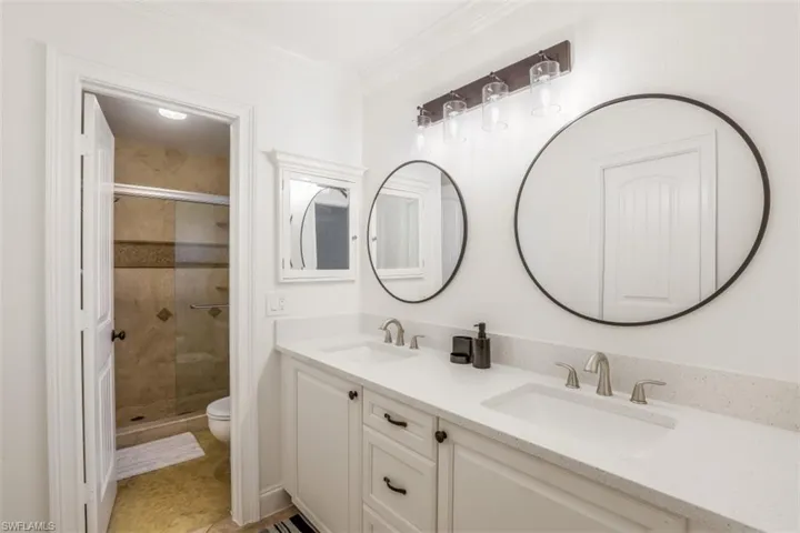 Bathroom with walk in shower, crown molding, vanity, and toilet