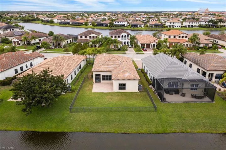 Aerial perspective of suburban area with a large body of water
