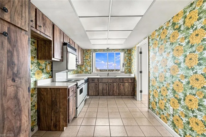 Kitchen featuring wood-finish cabinetry, white countertops, built-in appliances, and a window with a bright sky backdrop